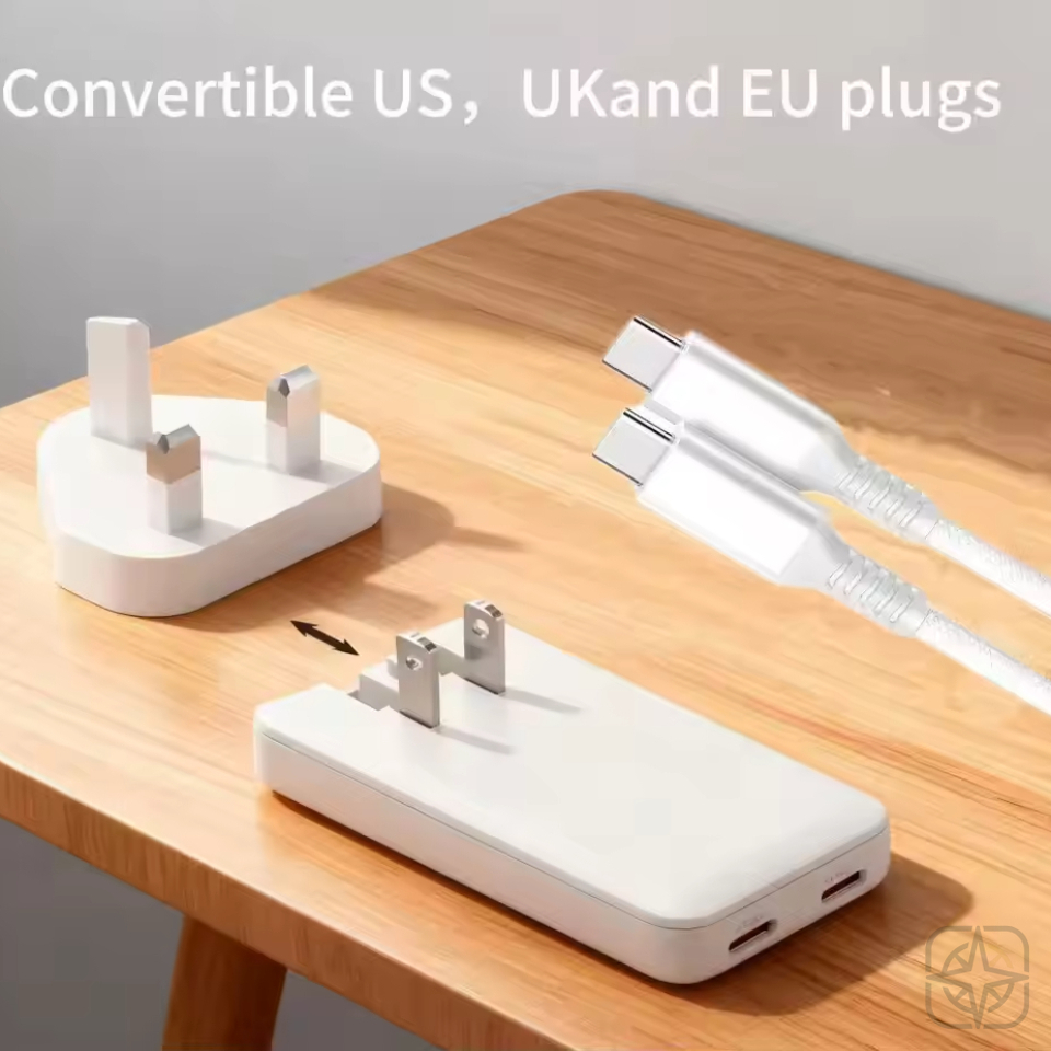 65W GaN Fast Charger — Ultra-Slim Dual USB-C Travel Adapter with Convertible US/UK/EU Plugs